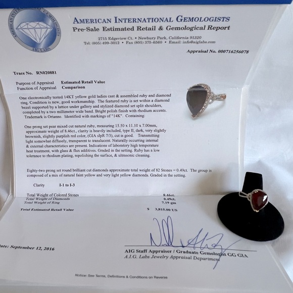 Ruby & Diamond Ring; 14kt Yellow Gold; Appraisal Included; Size 9 - Picture 2 of 11